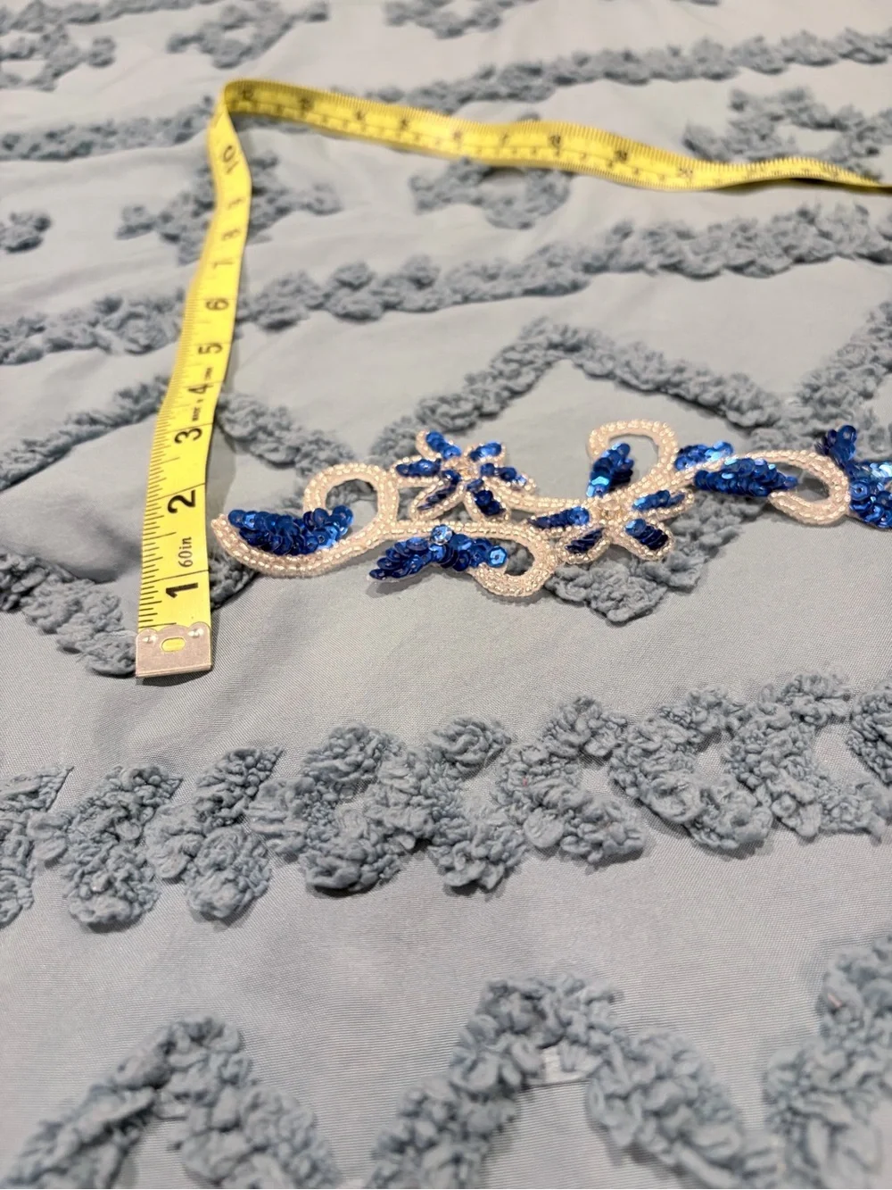 Blue & White Sequin Floral Beaded Lace Appliqué Trim | 6” Embellishment